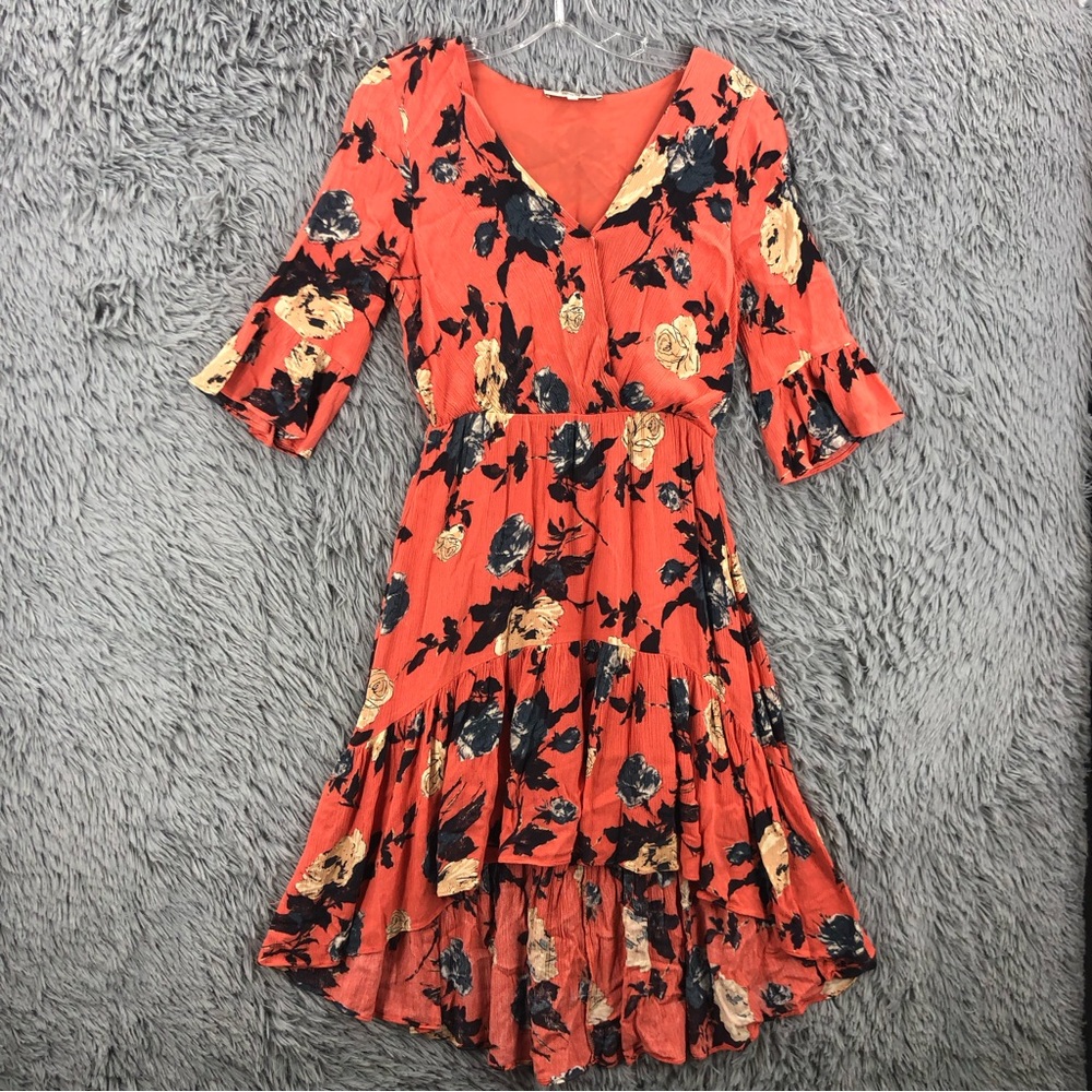 Miss Me Dress Womens Small Vneck High Low Flower Ruffle Hem Sleeve